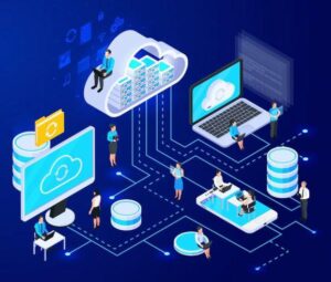 Illustration of cloud computing network architecture with remote teams accessing data through servers, laptops, and cloud storage, representing digital transformation and hybrid workspace.