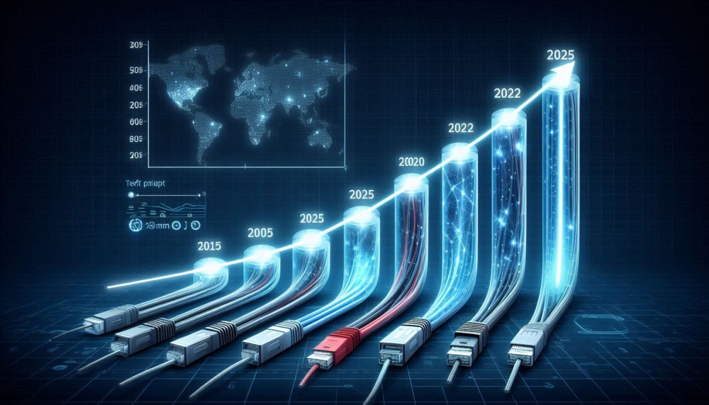 Smart networking growth chart showing rise in internet bandwidth and cable technology from 2005 to 2025 for institutions, workplaces, and auditoriums in India
