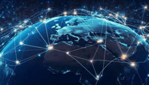 Global digital connectivity network illustrating a future-proof office network, secure office networking, and high-speed internet for office use