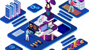 An isometric digital illustration showing a cloud computing and data center environment. Multiple servers, laptops, and network devices are connected through cloud infrastructure. Two IT professionals are interacting with data, managing servers, and monitoring analytics dashboards. Visual elements include binary code, graphs, gears, cloud uploads, and email icons, representing cloud management, networking, and digital transformation.