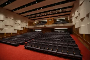 A modern, spacious auditorium with tiered seating arranged in rows on red carpeted flooring. The walls feature acoustic paneling for sound control, and the ceiling is equipped with built-in lighting and stage rigging. The auditorium includes a balcony level for additional seating and a central projector mounted on the ceiling.
