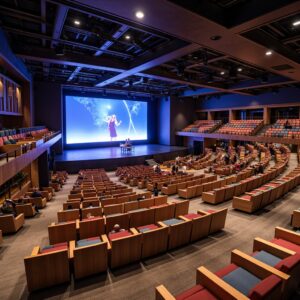 A vibrant, modern auditorium with multi-colored cushioned seating arranged in a curved layout around a large stage. A high-definition screen displays a presenter on stage using visual effects. The auditorium features wooden paneling, a carpeted floor, balcony seating, and an advanced ceiling lighting and acoustic system. Several attendees are seated throughout the space, suggesting a live event or presentation.