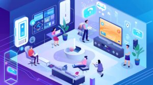 Isometric illustration of a smart home setup with people using laptops, voice assistants, and touchscreens to control lighting, security, entertainment, and devices—representing smart automation and IoT integration in modern living and workspace environments.