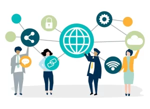 Illustration of four business professionals holding technology icons representing internet connectivity, network security, cloud computing, Wi-Fi, and data sharing, symbolizing integrated IT infrastructure and digital collaboration.