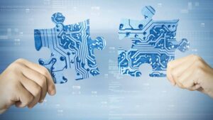 Digital system integration symbolized by connecting tech puzzle pieces, representing seamless IT and networking solutions