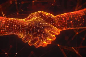 Secure digital handshake representing smart networking and automation partnerships for institutions and enterprises in India