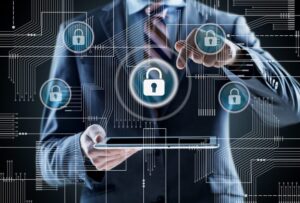 Business professional managing secure office networking and IT infrastructure for offices with advanced cybersecurity locks and digital protection systems